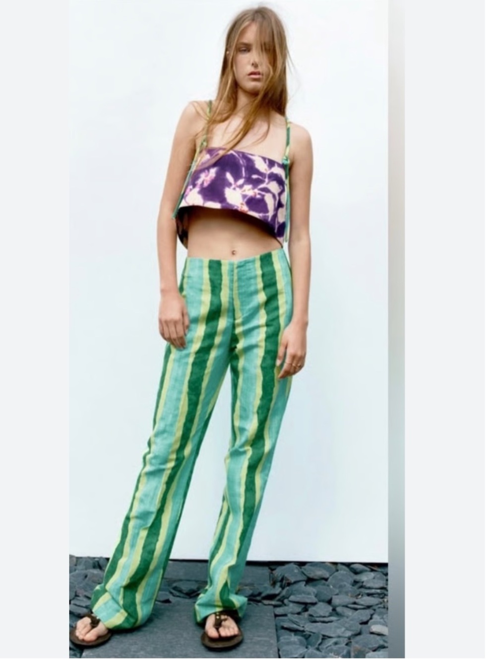 ZARA size L Green Striped watermelon print linen Pants